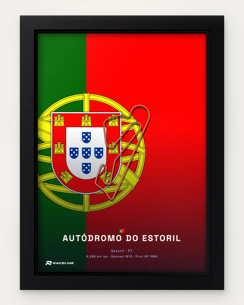 Framed Autódromo do Estoril circuit poster on its national flag background
