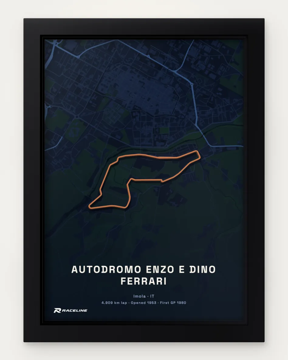 Framed Autodromo Enzo e Dino Ferrari circuit poster with a map background