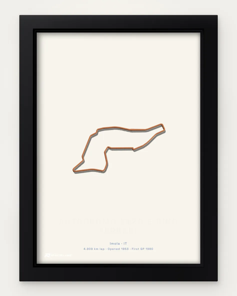 Framed Autodromo Enzo e Dino Ferrari circuit poster on a solid background