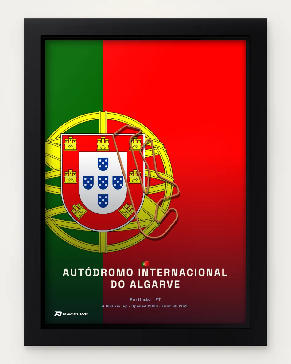 Framed Autódromo Internacional do Algarve circuit poster on its national flag background