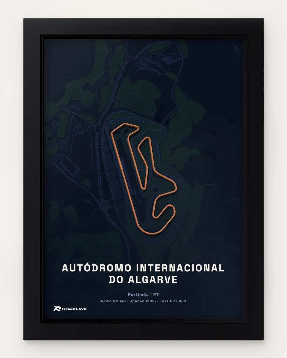 Framed Autódromo Internacional do Algarve circuit poster with a map background
