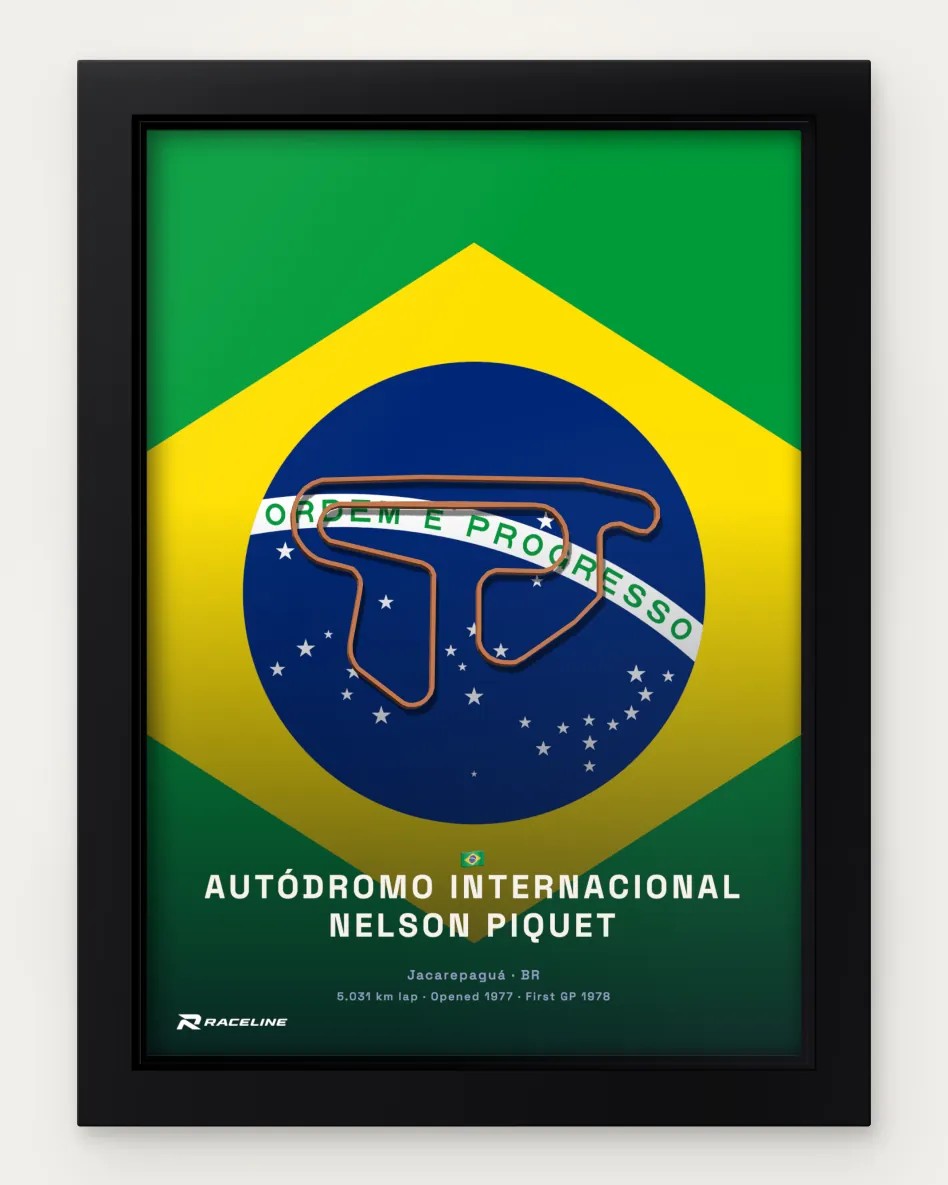 Framed Autódromo Internacional Nelson Piquet circuit poster on its national flag background
