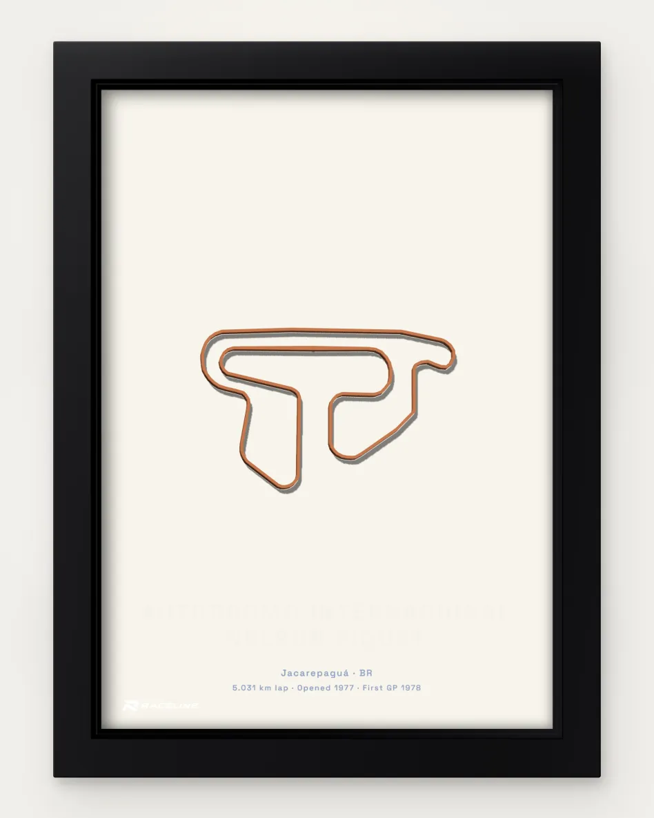Framed Autódromo Internacional Nelson Piquet circuit poster on a solid background