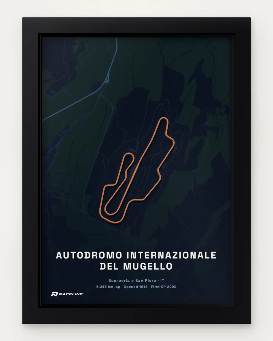 Framed Autodromo Internazionale del Mugello circuit poster with a map background