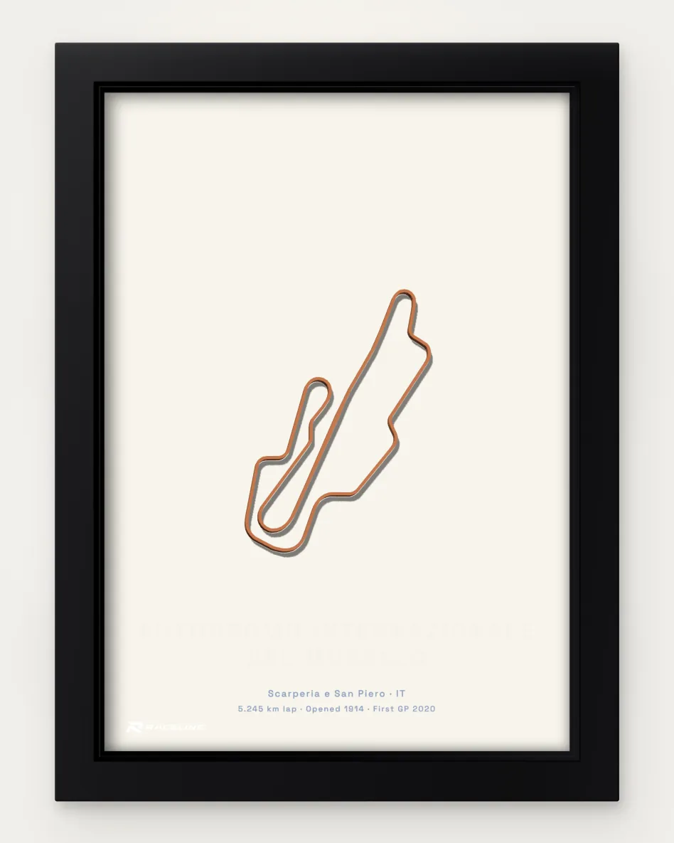 Framed Autodromo Internazionale del Mugello circuit poster on a solid background