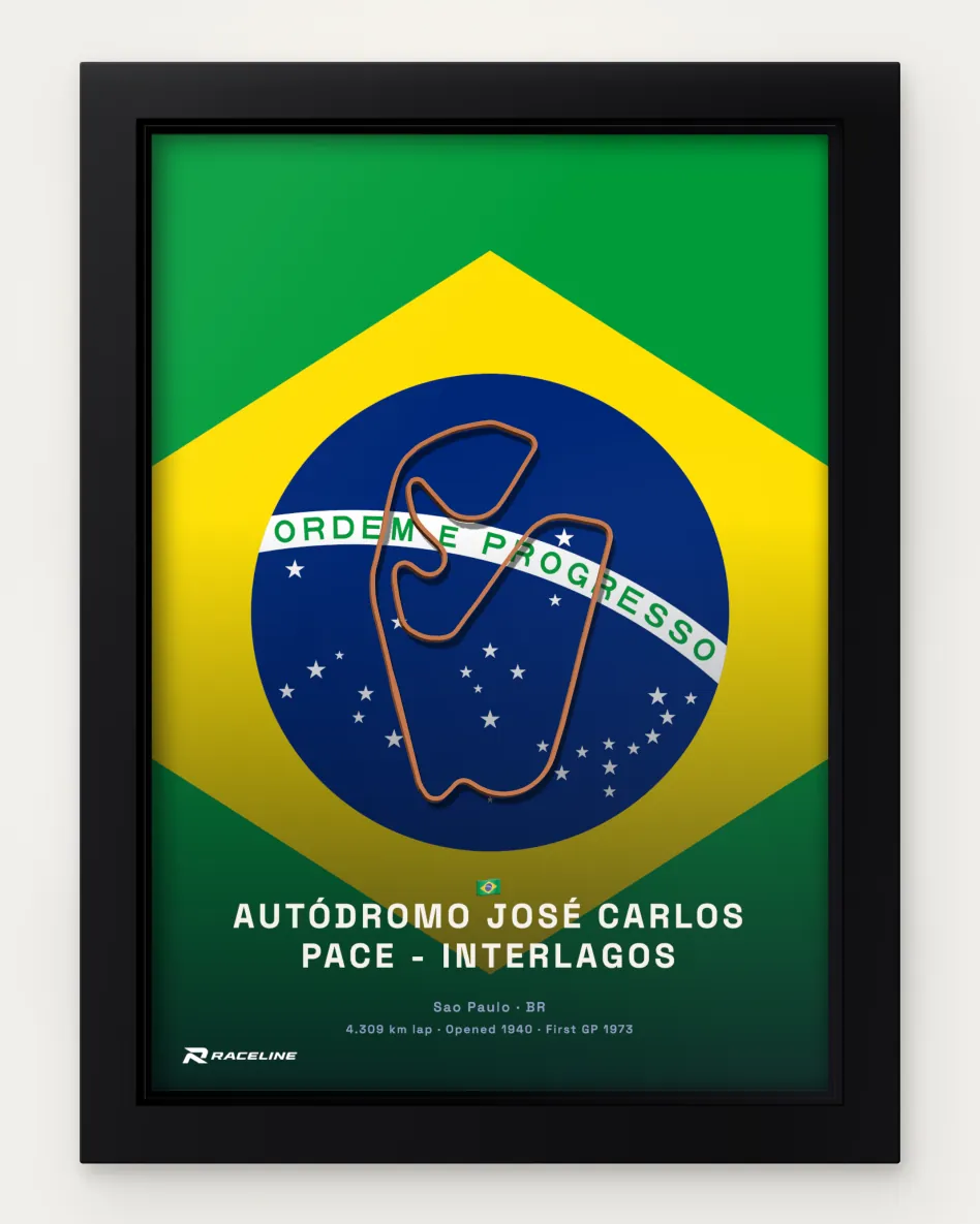 Framed Autódromo José Carlos Pace - Interlagos circuit poster on its national flag background