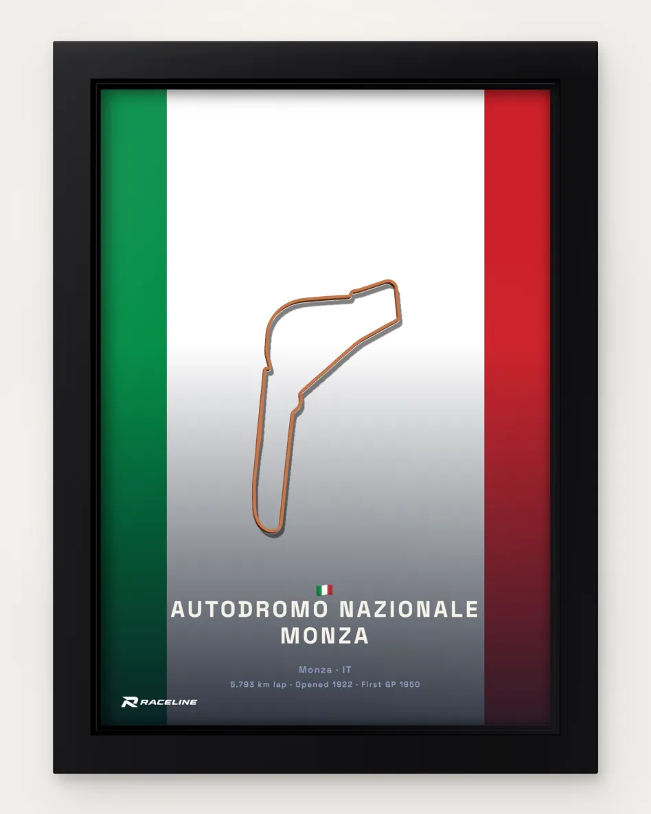Framed Autodromo Nazionale Monza circuit poster on its national flag background