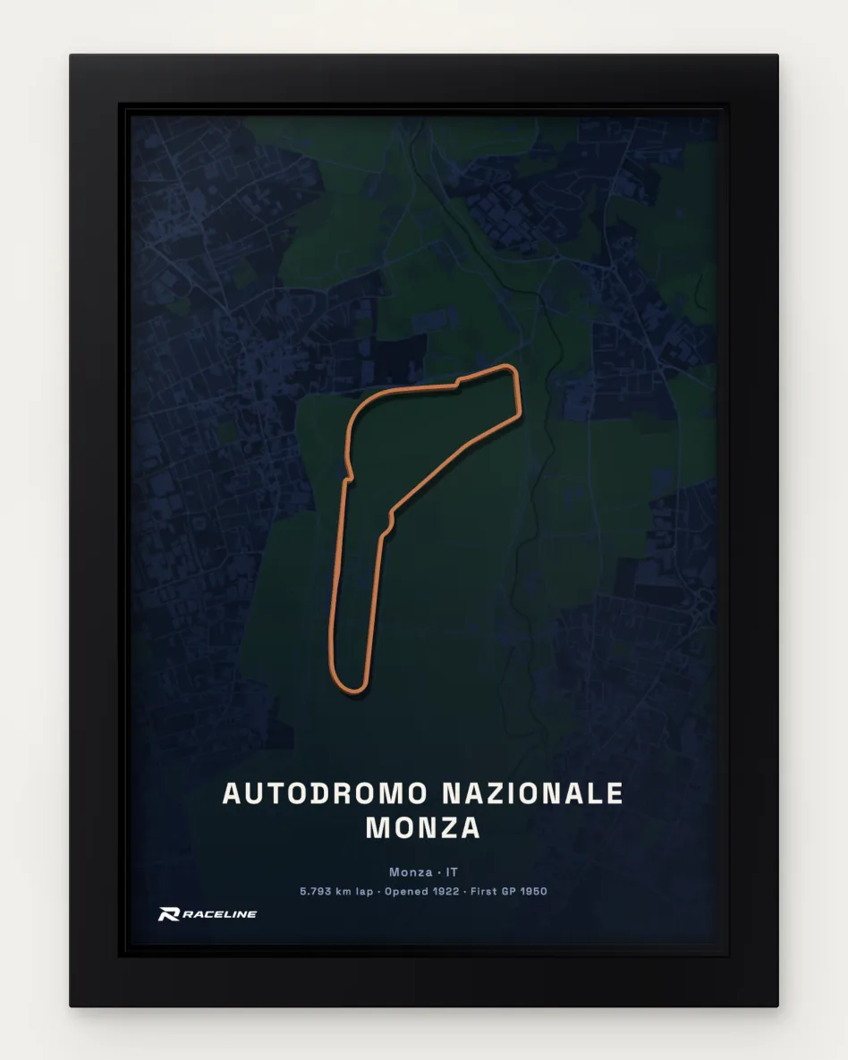Framed Autodromo Nazionale Monza circuit poster with a map background