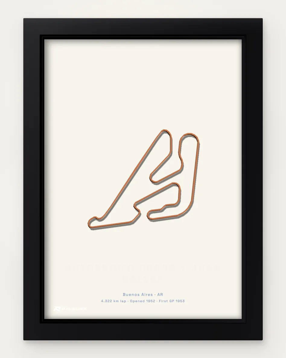 Framed Autódromo Oscar y Juan Gálvez circuit poster on a solid background