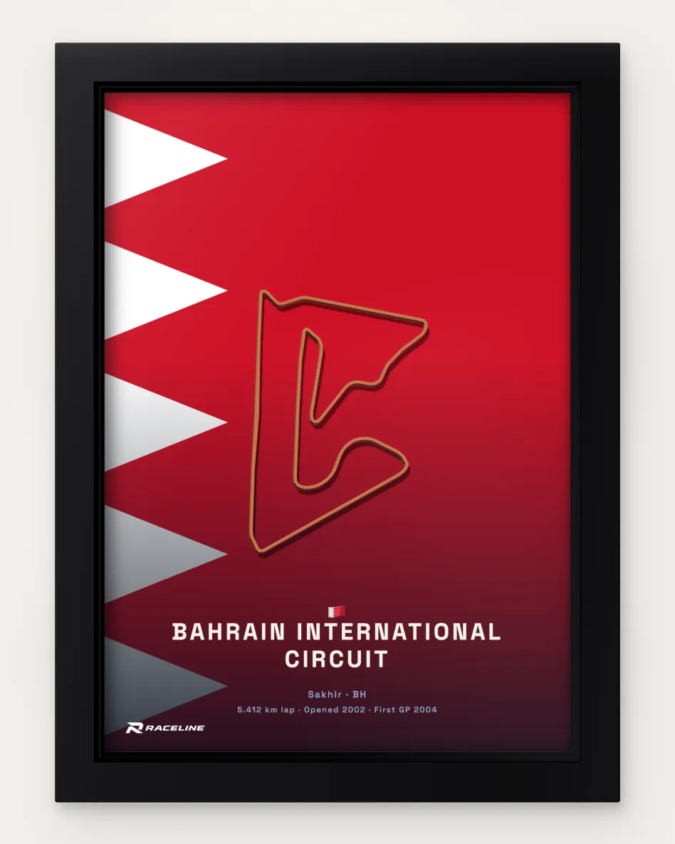 Framed Bahrain International Circuit circuit poster on its national flag background