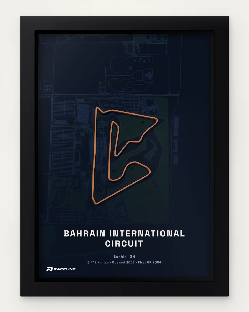 Framed Bahrain International Circuit circuit poster with a map background