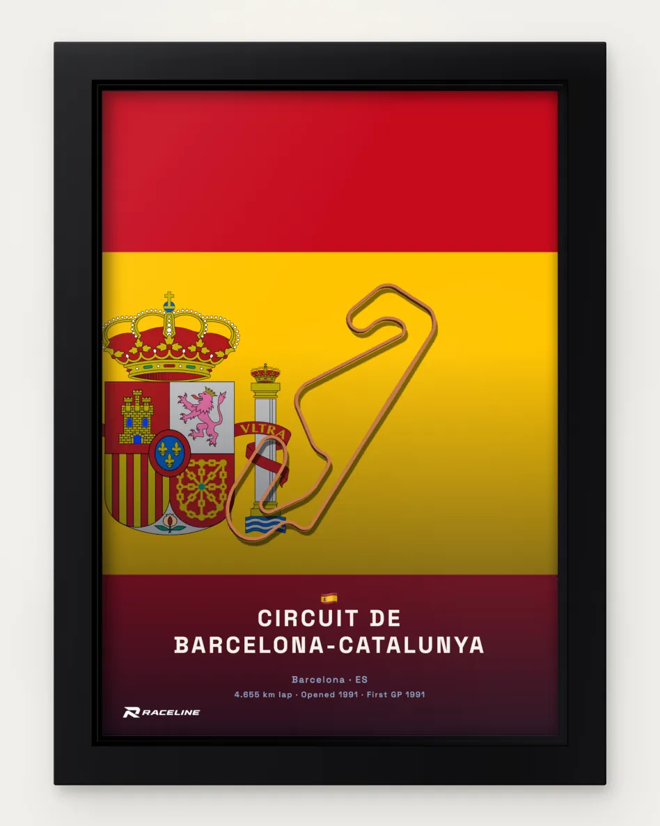 Framed Circuit de Barcelona-Catalunya circuit poster on its national flag background