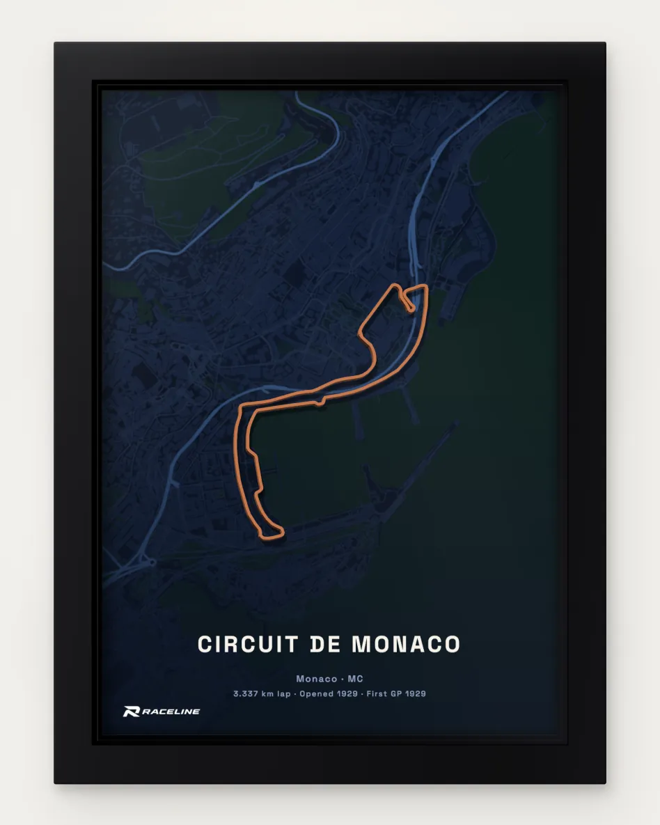 Framed Circuit de Monaco circuit poster with a map background