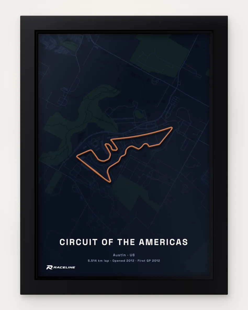 Framed Circuit of the Americas circuit poster with a map background