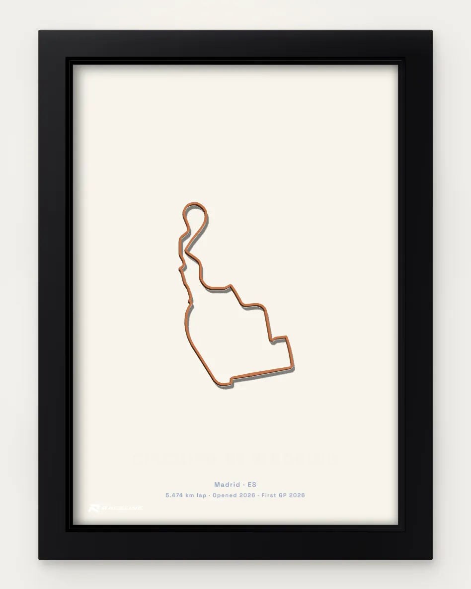 Framed Circuito de Madring circuit poster on a solid background