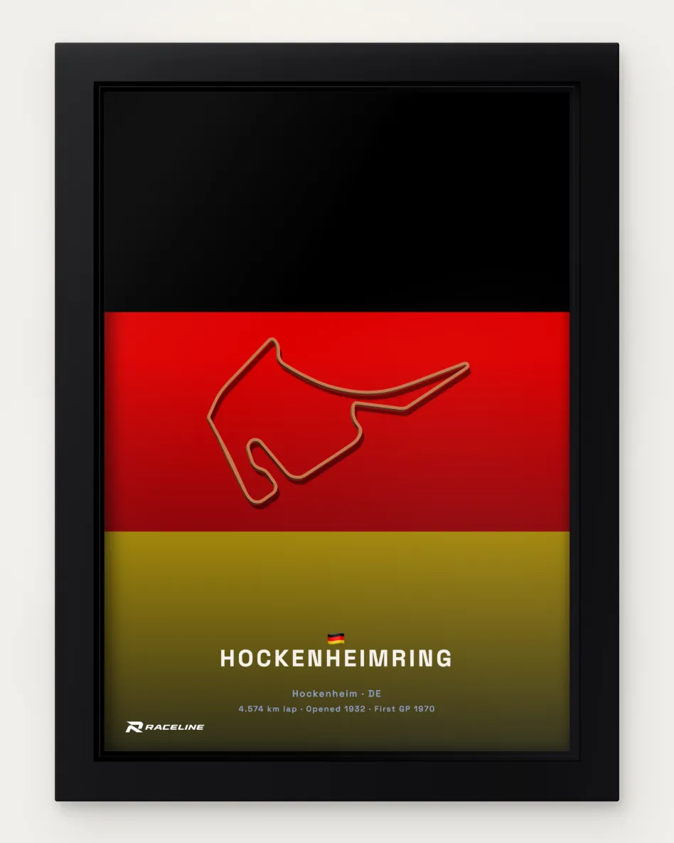 Framed Hockenheimring circuit poster on its national flag background