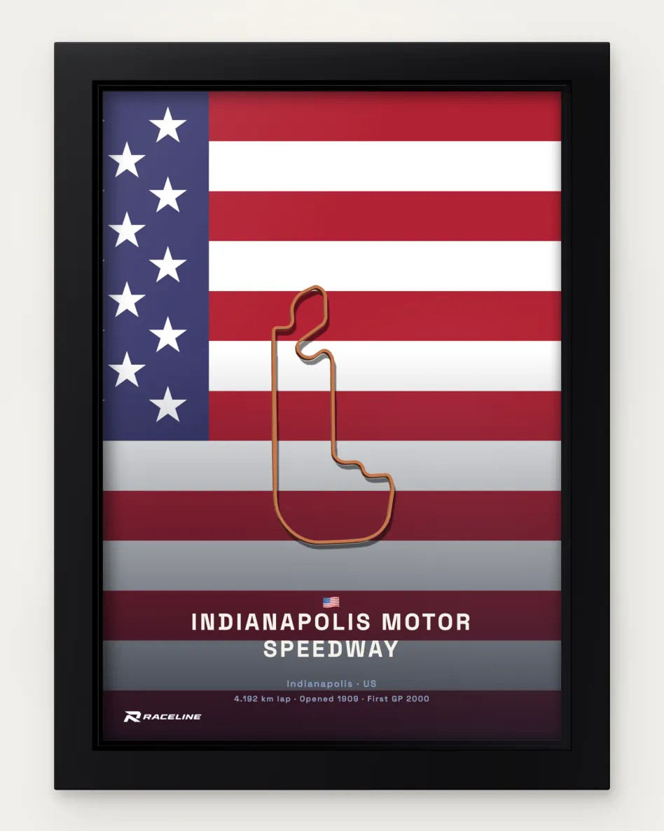 Framed Indianapolis Motor Speedway circuit poster on its national flag background