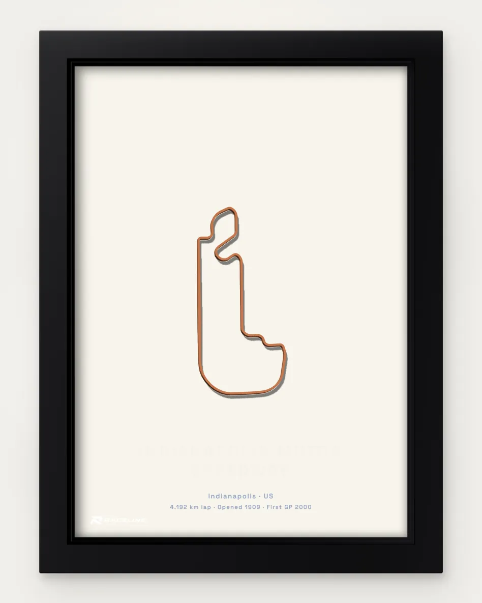 Framed Indianapolis Motor Speedway circuit poster on a solid background