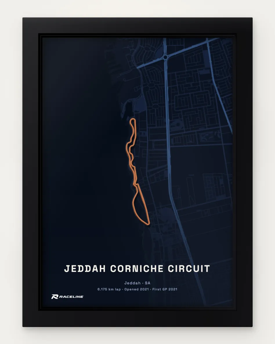 Framed Jeddah Corniche Circuit circuit poster with a map background