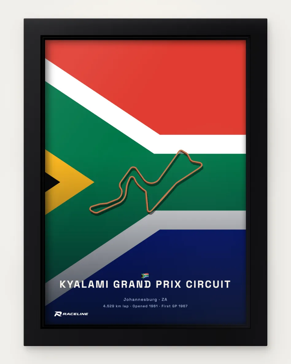 Framed Kyalami Grand Prix Circuit circuit poster on its national flag background