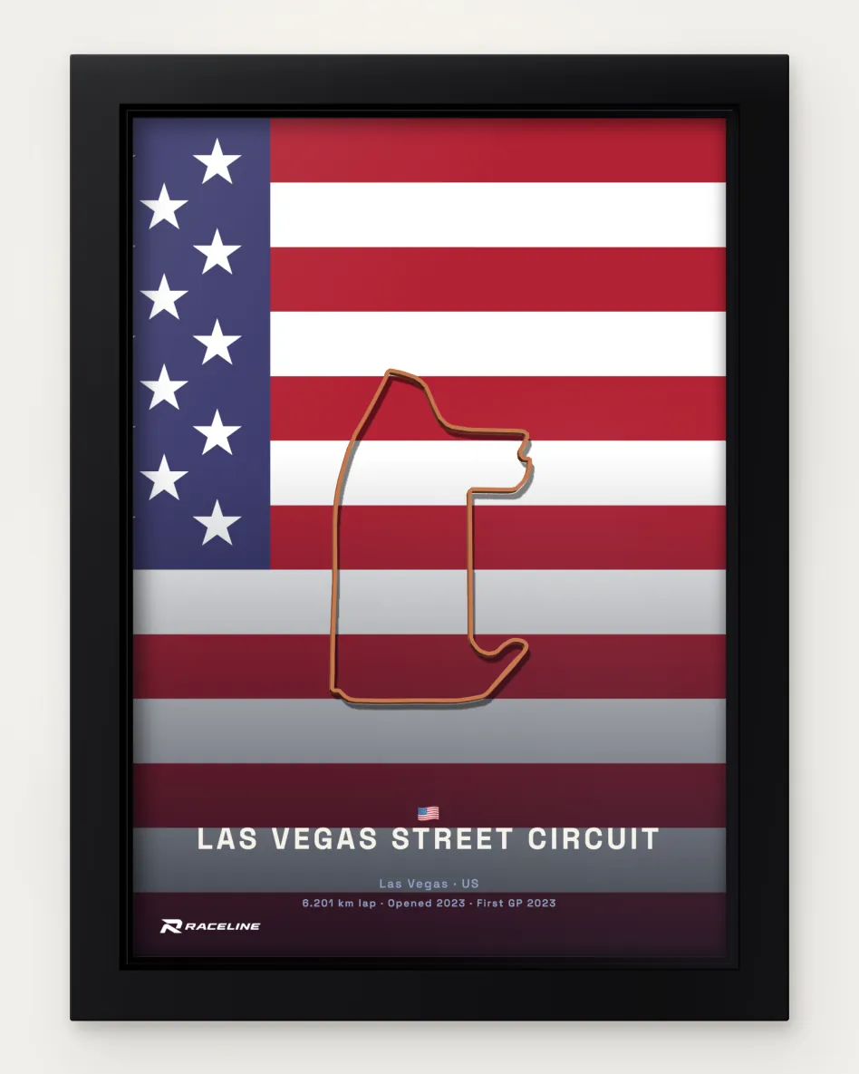 Framed Las Vegas Street Circuit circuit poster on its national flag background
