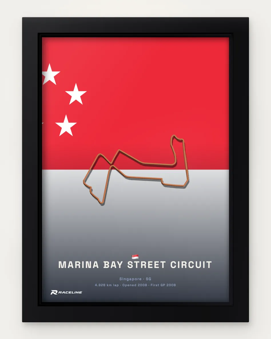 Framed Marina Bay Street Circuit circuit poster on its national flag background