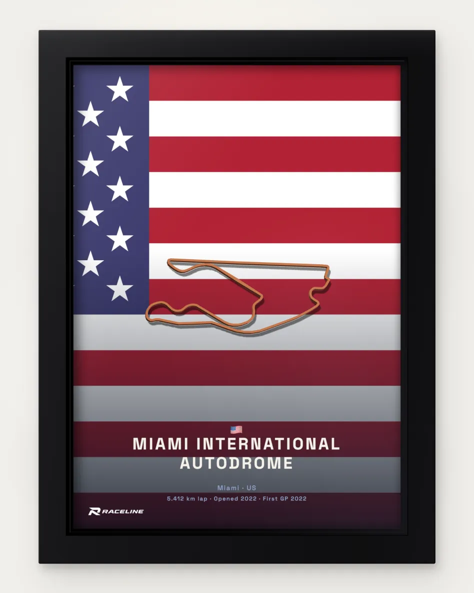 Framed Miami International Autodrome circuit poster on its national flag background
