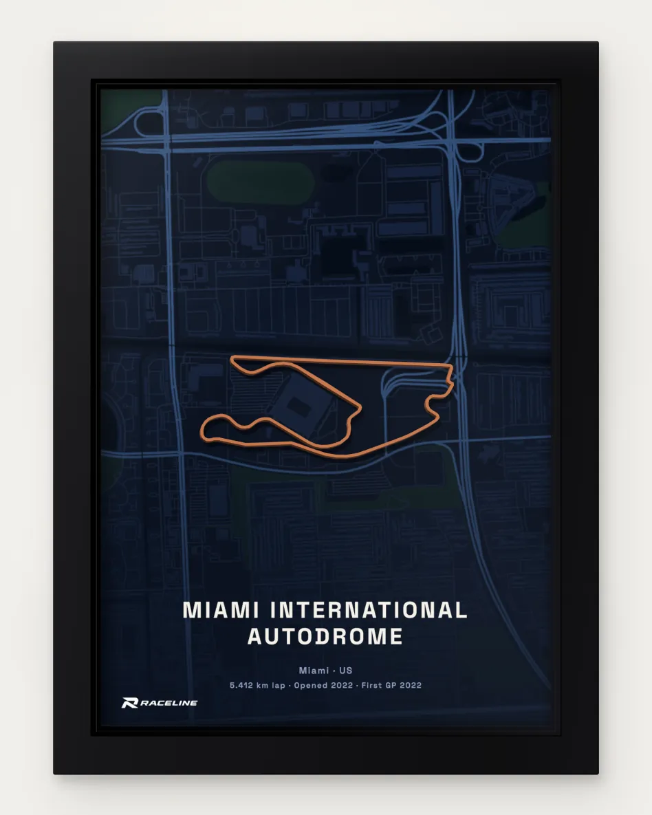 Framed Miami International Autodrome circuit poster with a map background