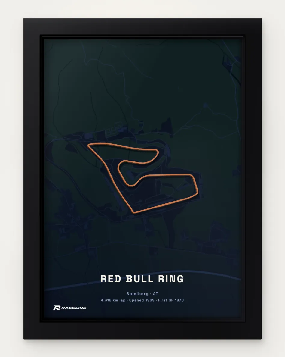 Framed Red Bull Ring circuit poster with a map background