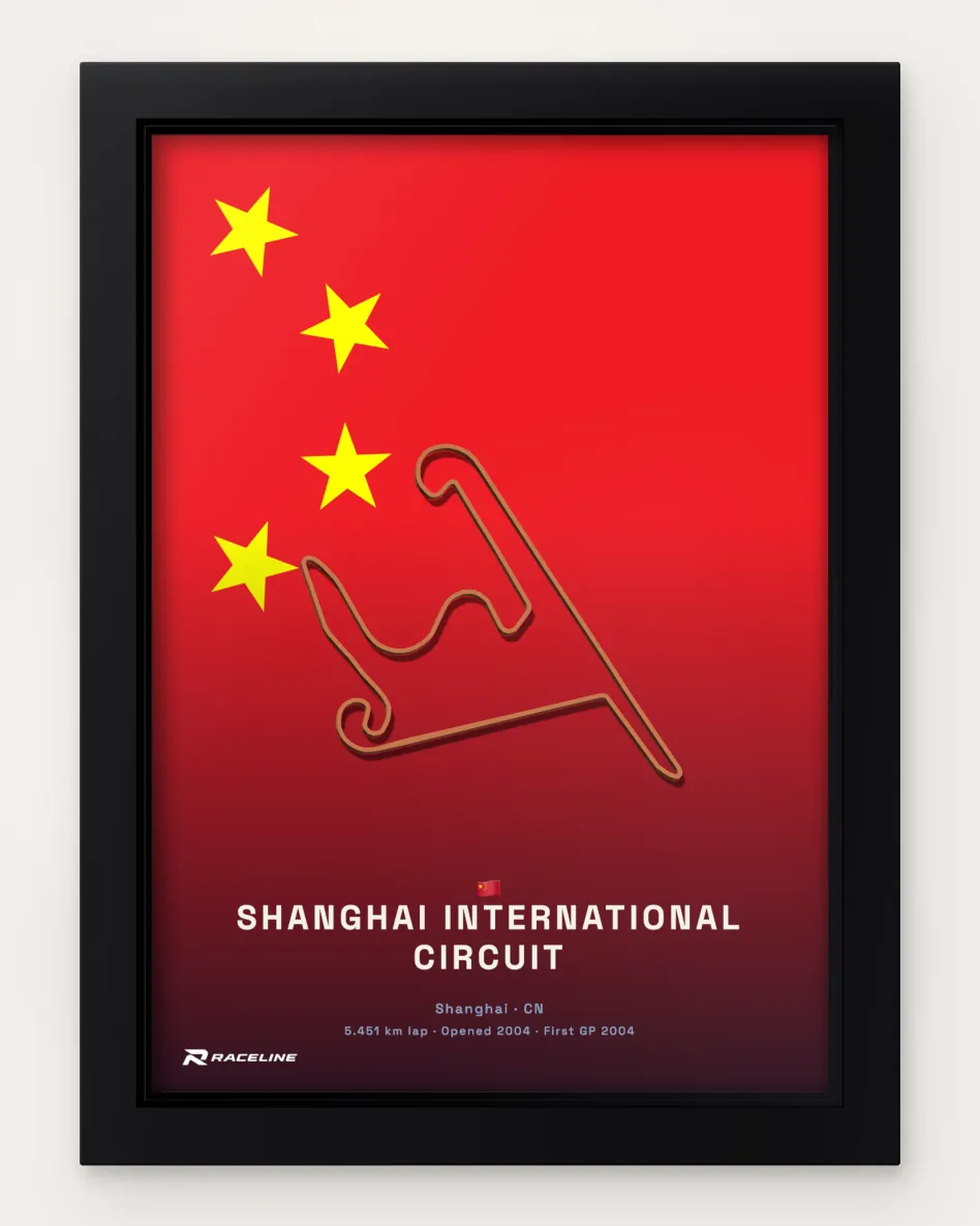 Framed Shanghai International Circuit circuit poster on its national flag background