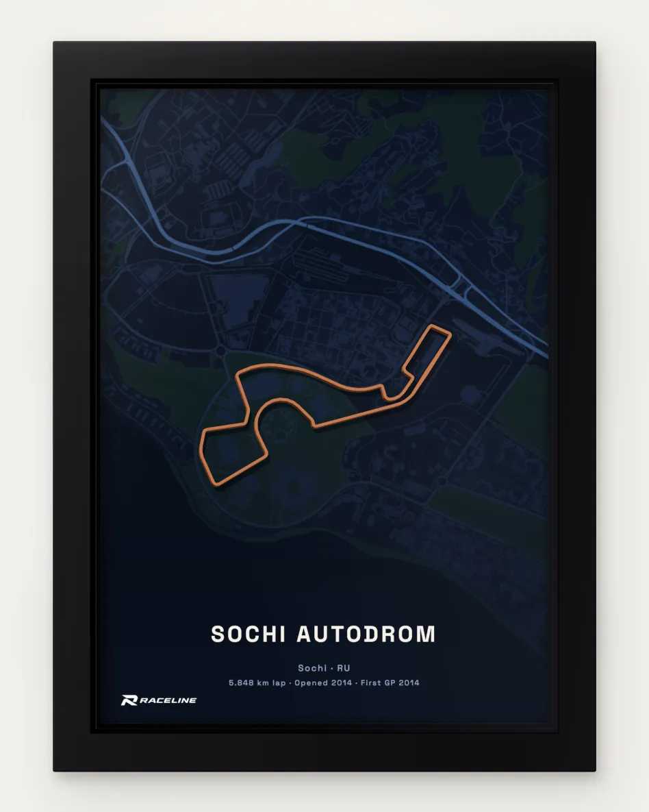Framed Sochi Autodrom circuit poster with a map background