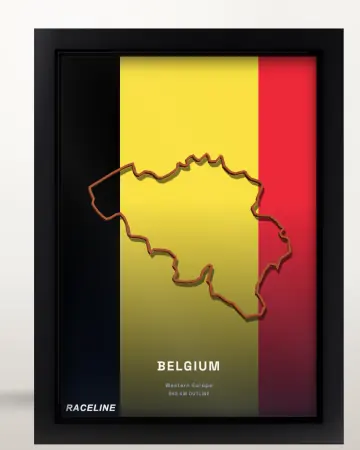 Framed Belgium country outline poster on its flag background