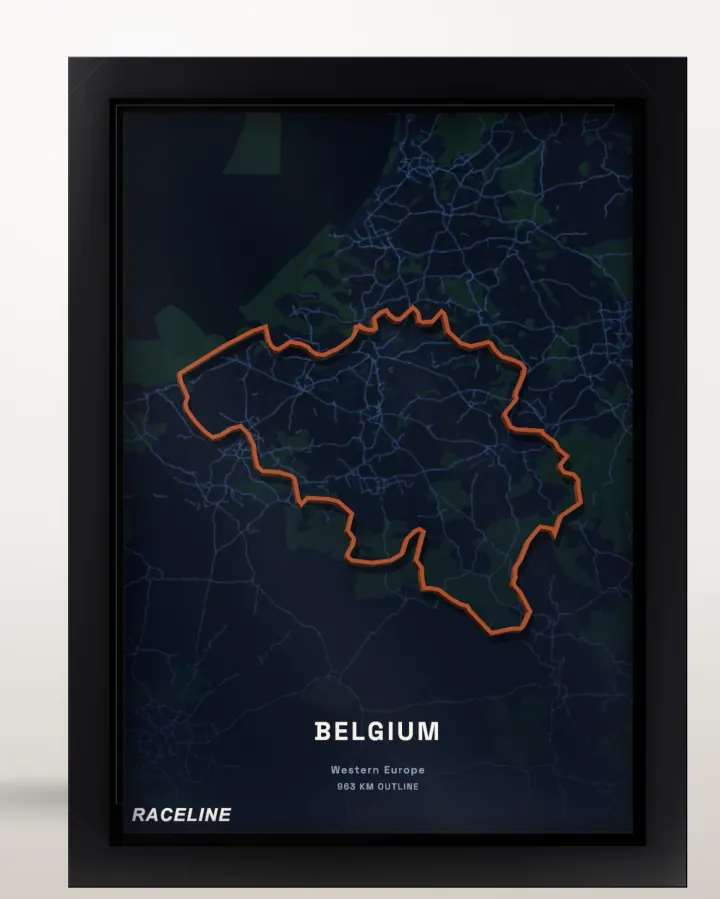Framed Belgium country outline poster with a map background