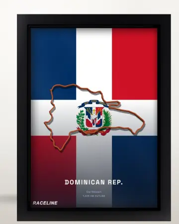 Framed Dominican Rep. country outline poster on its flag background