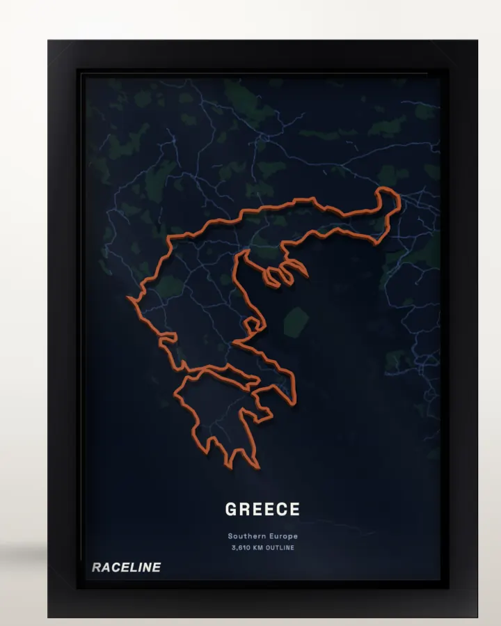 Framed Greece country outline poster with a map background