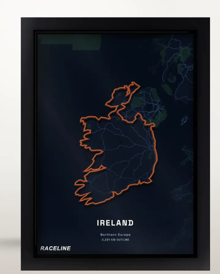 Framed Ireland country outline poster with a map background