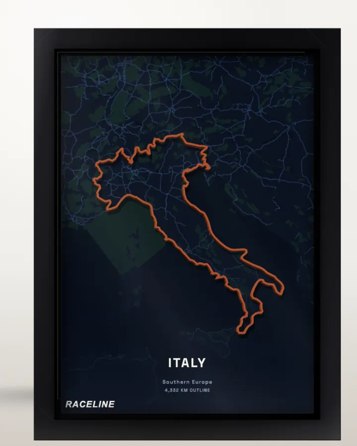 Framed Italy country outline poster with a map background