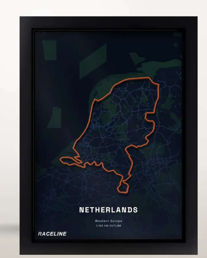 Framed Netherlands country outline poster with a map background