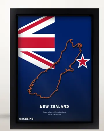 Framed New Zealand country outline poster on its flag background