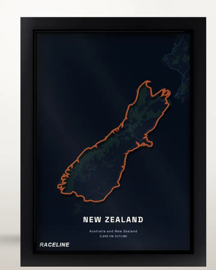 Framed New Zealand country outline poster with a map background