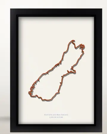 Framed New Zealand country outline poster on a solid beige background