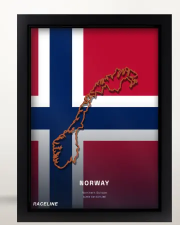 Framed Norway country outline poster on its flag background