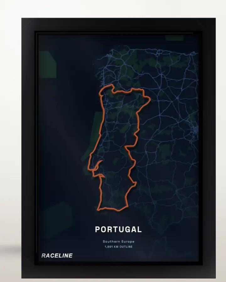 Framed Portugal country outline poster with a map background