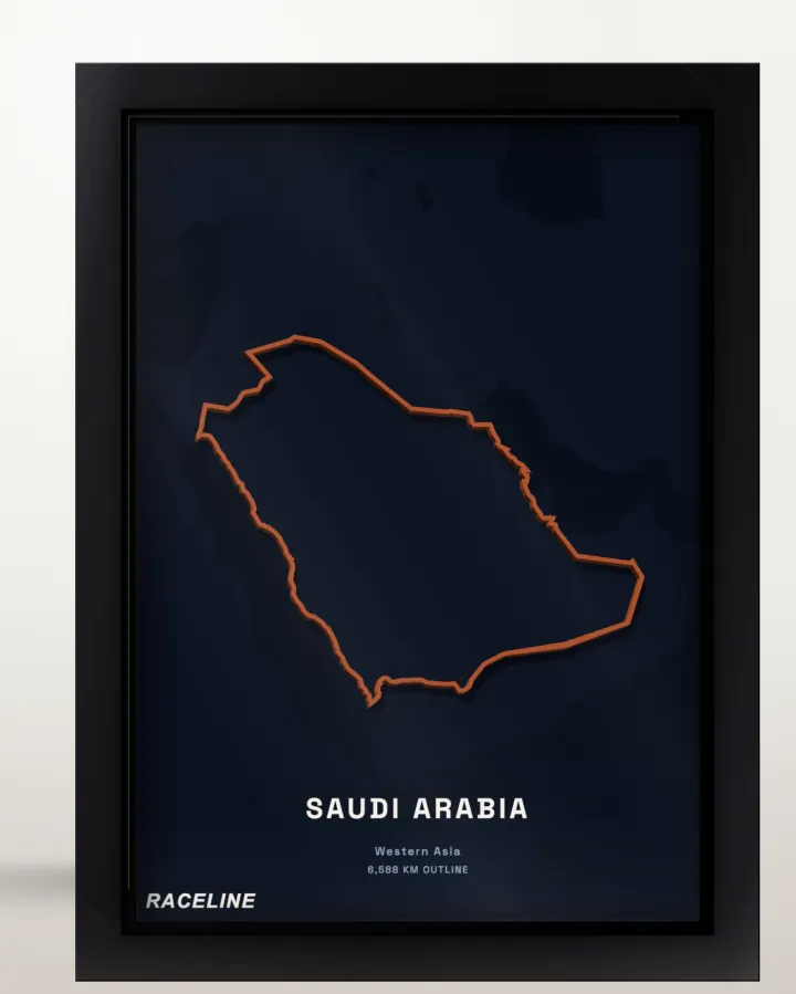 Framed Saudi Arabia country outline poster with a map background