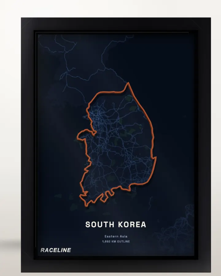 Framed South Korea country outline poster with a map background