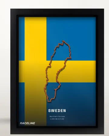 Framed Sweden country outline poster on its flag background