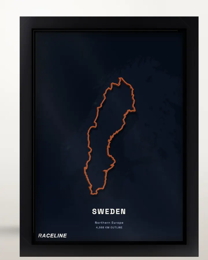 Framed Sweden country outline poster with a map background