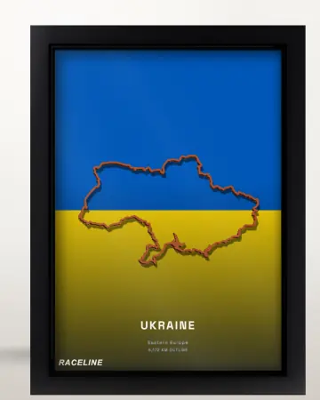 Framed Ukraine country outline poster on its flag background