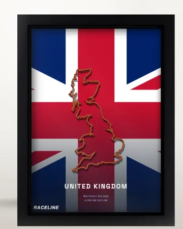 Framed United Kingdom country outline poster on its flag background