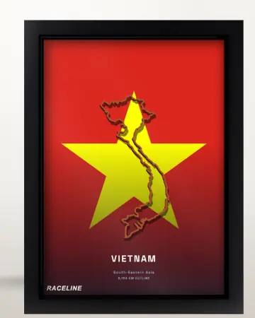 Framed Vietnam country outline poster on its flag background